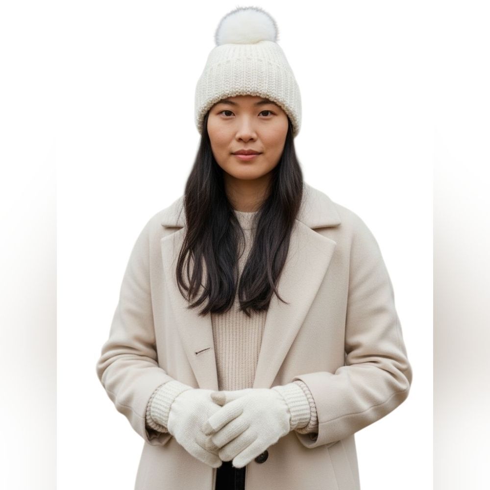 Style & Co Women's Cream Faux-Fur Pom Pom Shimmer Beanie and Glove Set - NWT